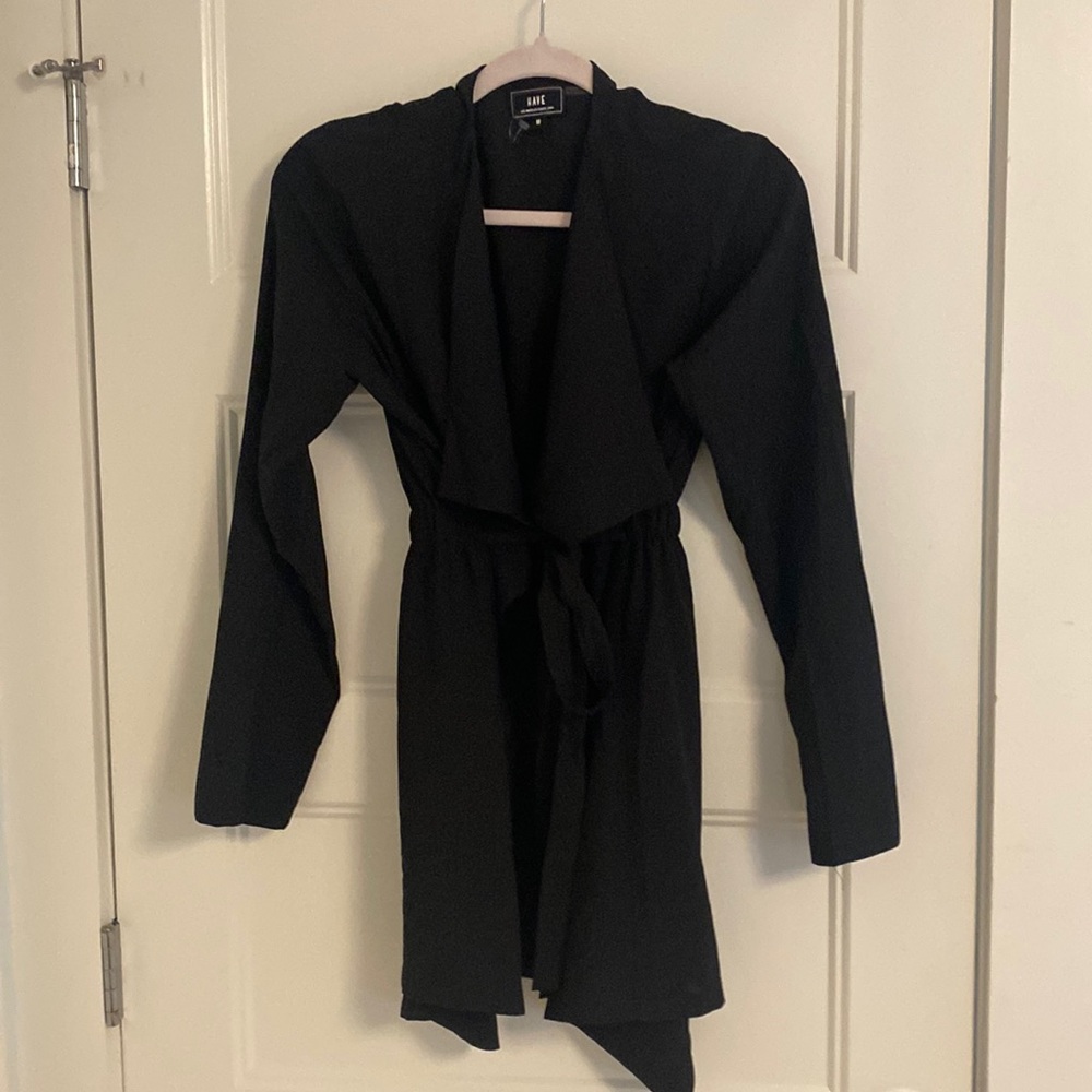 Black, silky blazer with ties